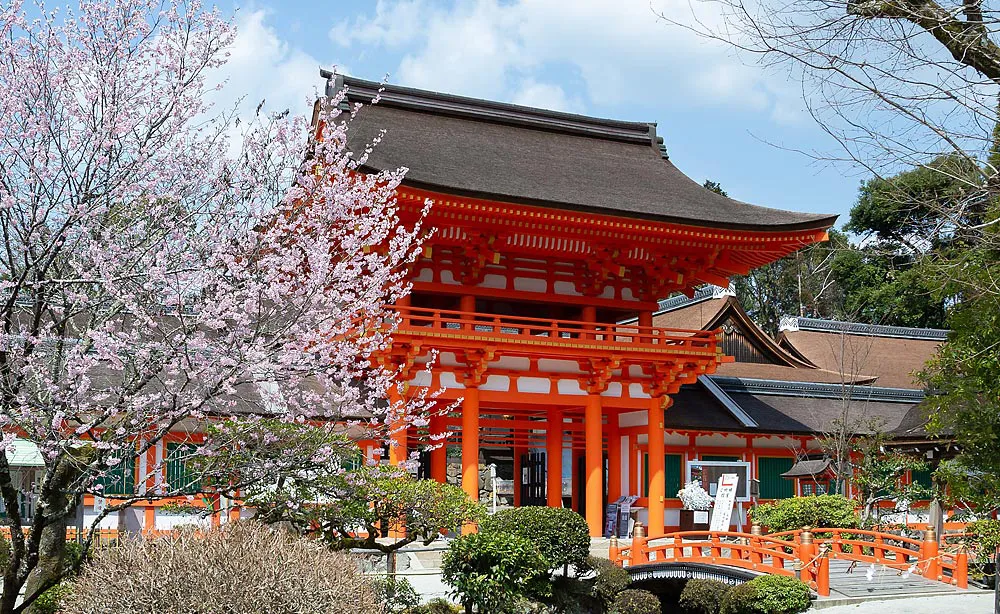 上賀茂神社：朱塗りの鮮やかな楼門前にも淡いピンク色の桜が咲きます