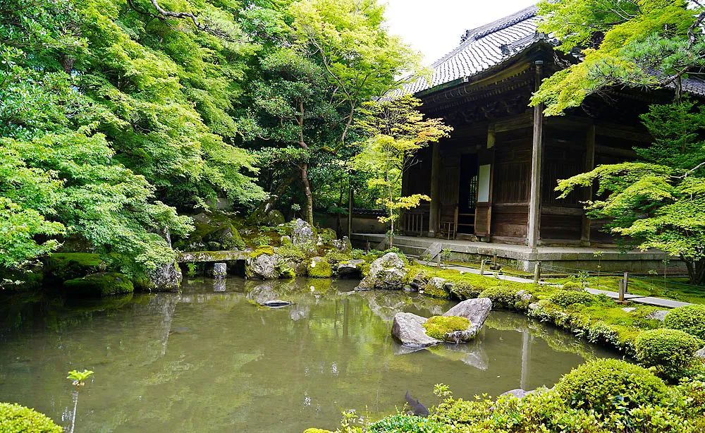 蓮華寺：石川丈山による作庭とも伝わる書院の東側にある池泉鑑賞式庭園