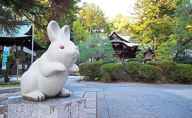 東天王 岡﨑神社：狛ウサギは右が雄、左が雌の阿吽（あうん）になっており、頭をなでることで縁結び・夫婦和合の祈願となるそうです