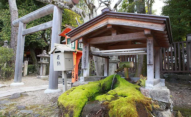 八坂神社：本殿下の池（龍穴）の影響か、境内各所で地下水が湧き出ています。末社の大神宮社と美御前社の前に社が設けられ、地元では気を得られる「力水」と呼ばれます。美御前社のご神水は「美容水」とも呼ばれ、1～2滴顔につけると美人になれると舞妓さんたちにも親しまれています