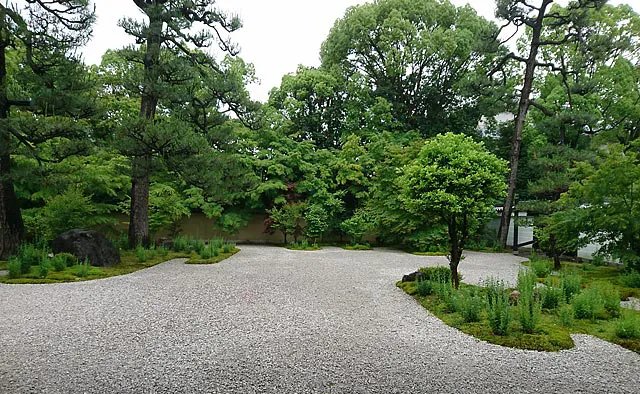 廬山寺：「源氏庭」は雲に見立てられた緑の苔が白砂に映える庭園です。この庭を眺めながら写経体験をすることもでき、心を込めて文字を綴るうちに、この地で執筆した紫式部の気分が味わえるかもしれません