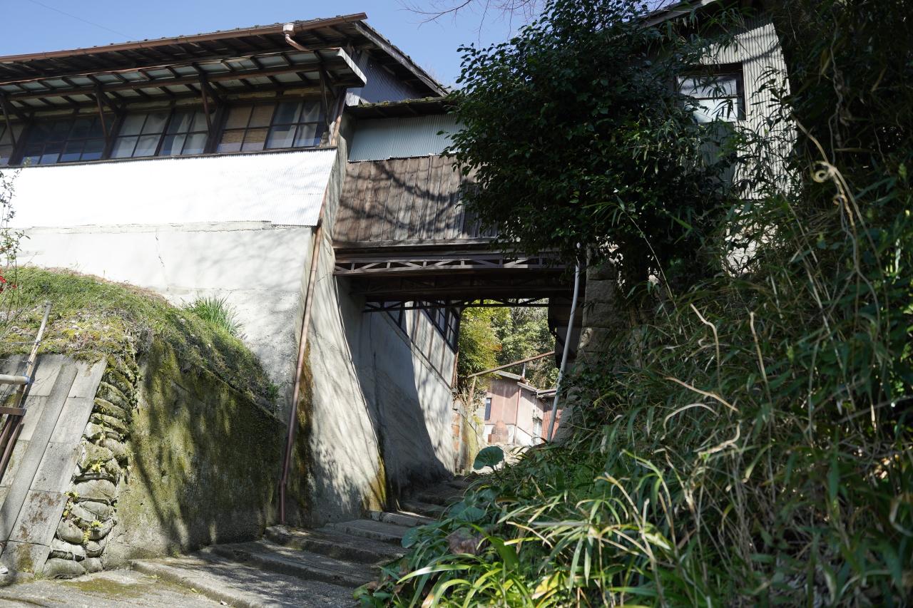 つい登りたくなるようなふしぎな建物の足元には窯垣が